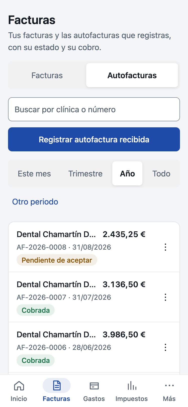 Pantalla de FinDental con una autofactura pendiente de aceptar.